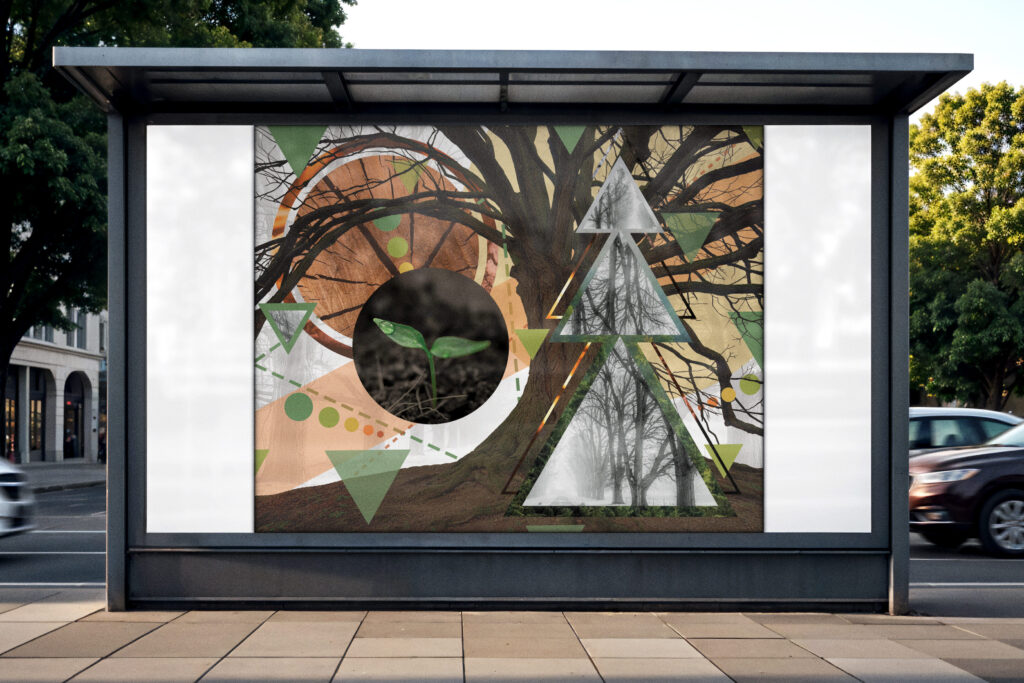geometric collage on a bus stop