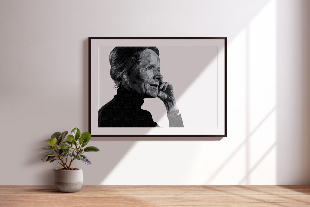 black and white portrait of Corita Kent made with patterns
