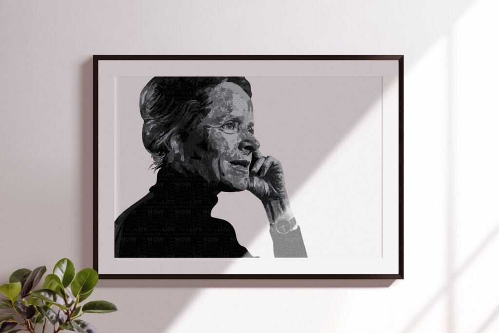 black and white portrait of Corita Kent made with patterns