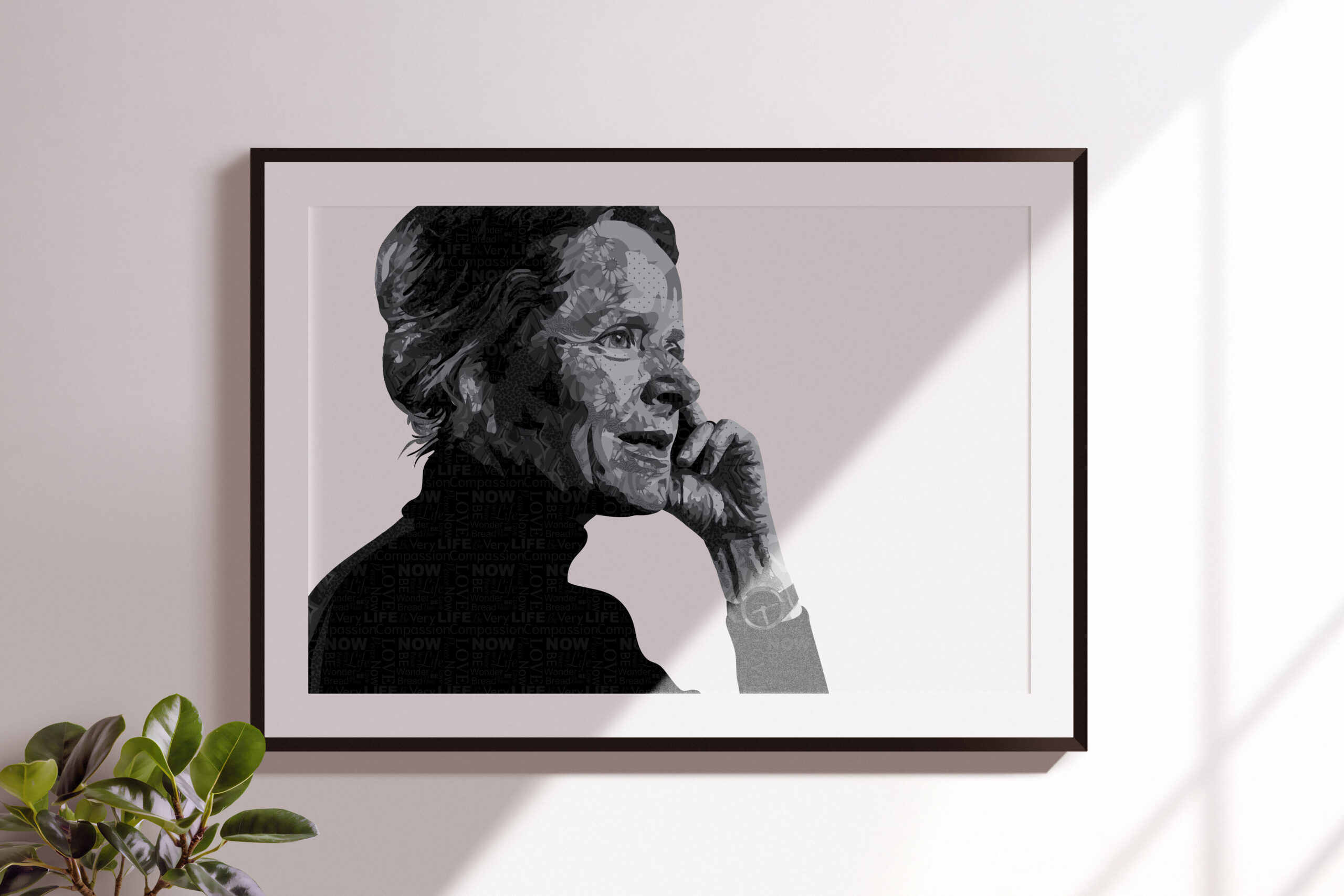 black and white portrait of Corita Kent made with patterns