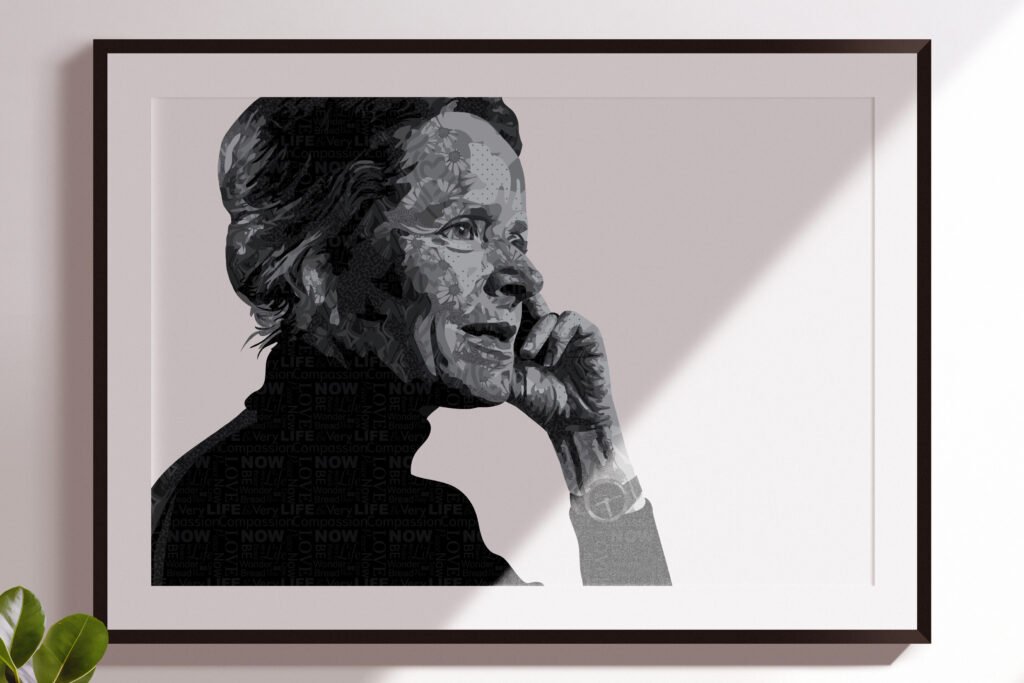 black and white portrait of Corita Kent made with patterns