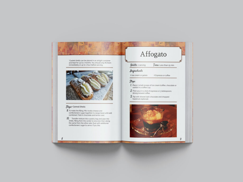 Recipe book cannoli third page, and affogato recipe