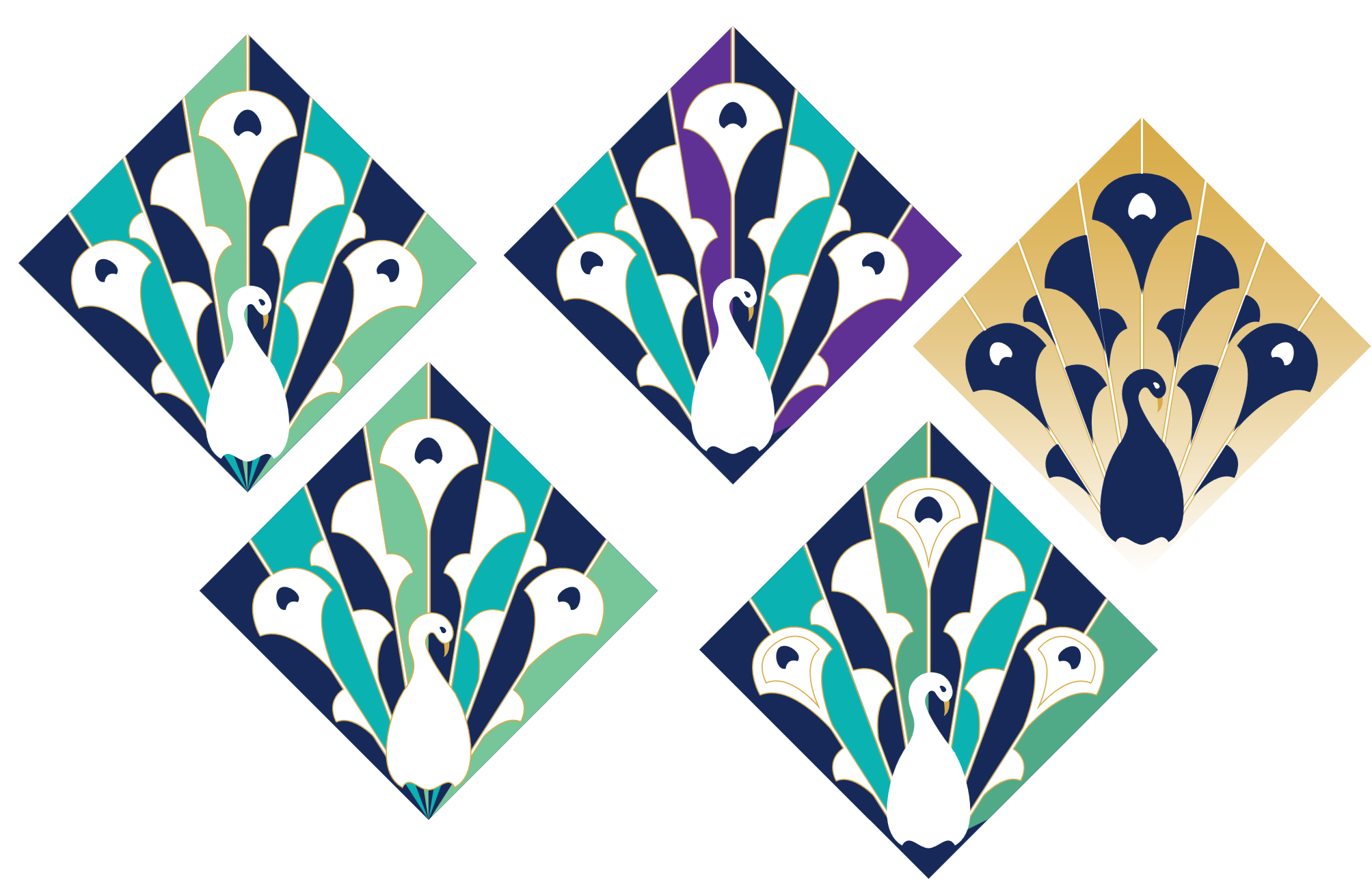 sassy peacock logo trial art deco peacock colored variations