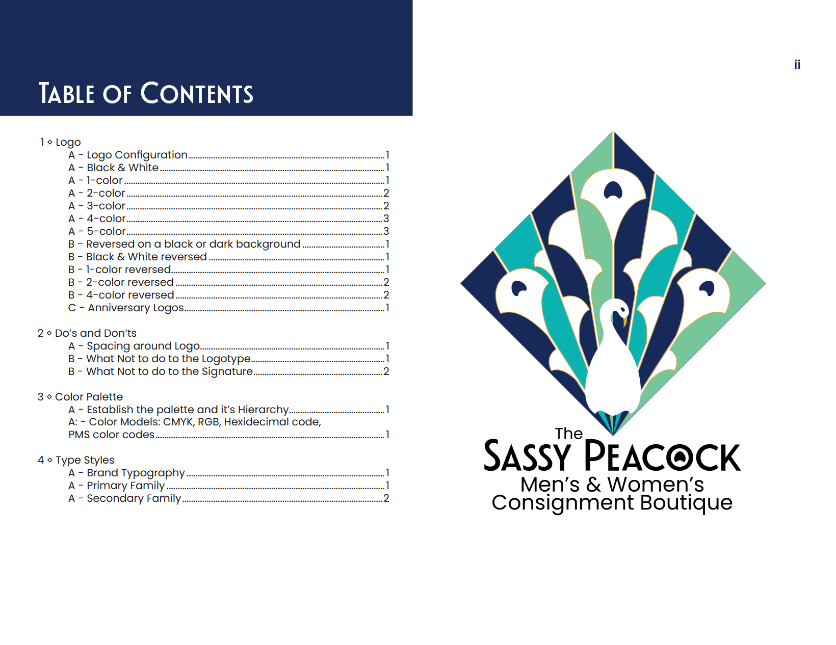 Sassy Peacock Branding Guide table of contents page