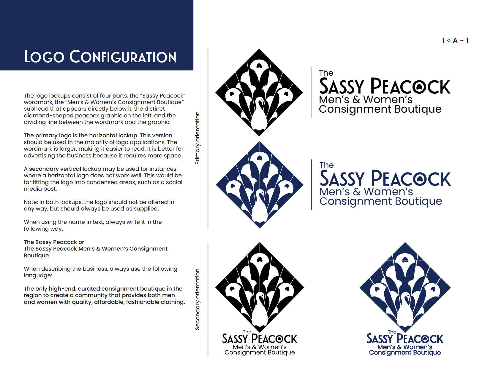 Sassy Peacock Branding Guide logo configurations page 1