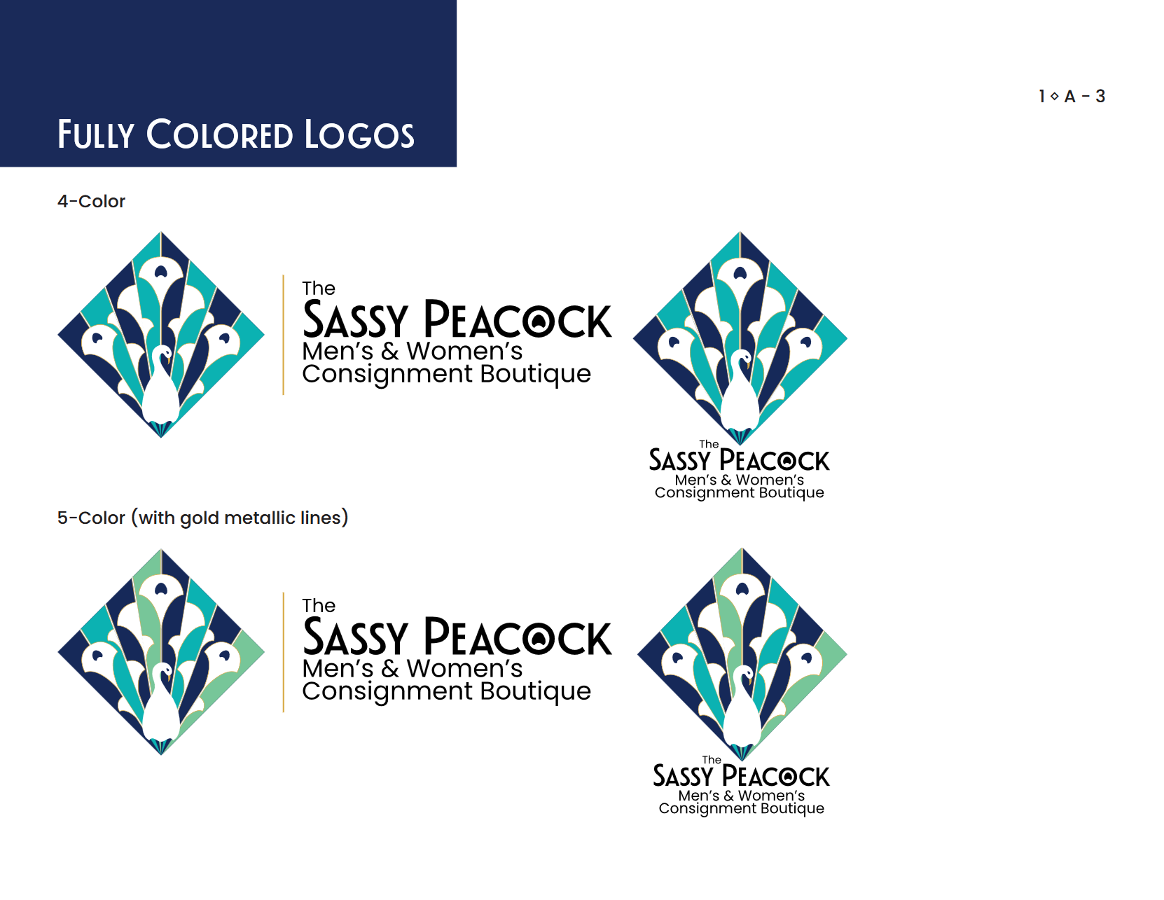 Sassy Peacock Branding Guide logo configurations 5 color & 5 color logos