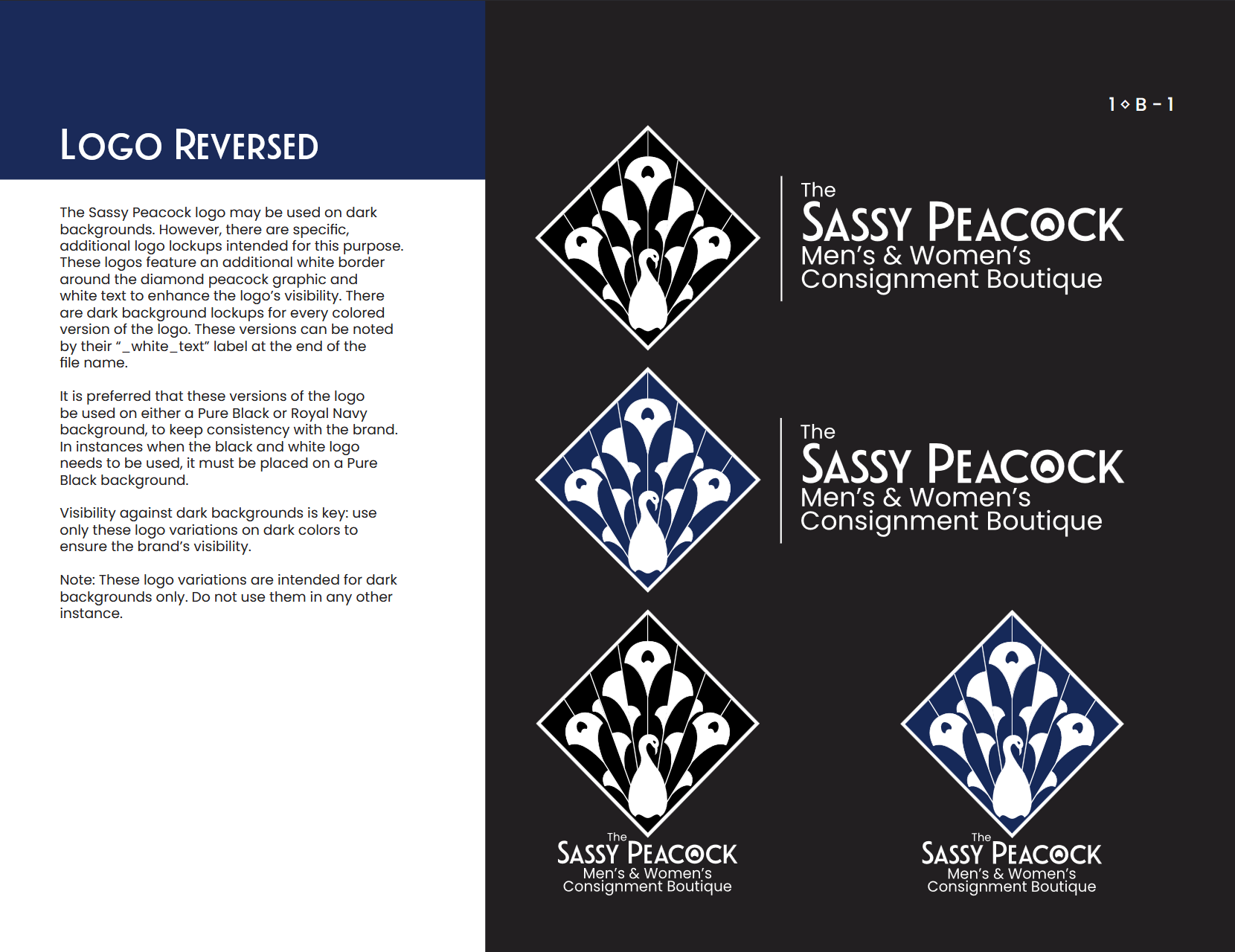 Sassy Peacock Branding Guide logos on dark background