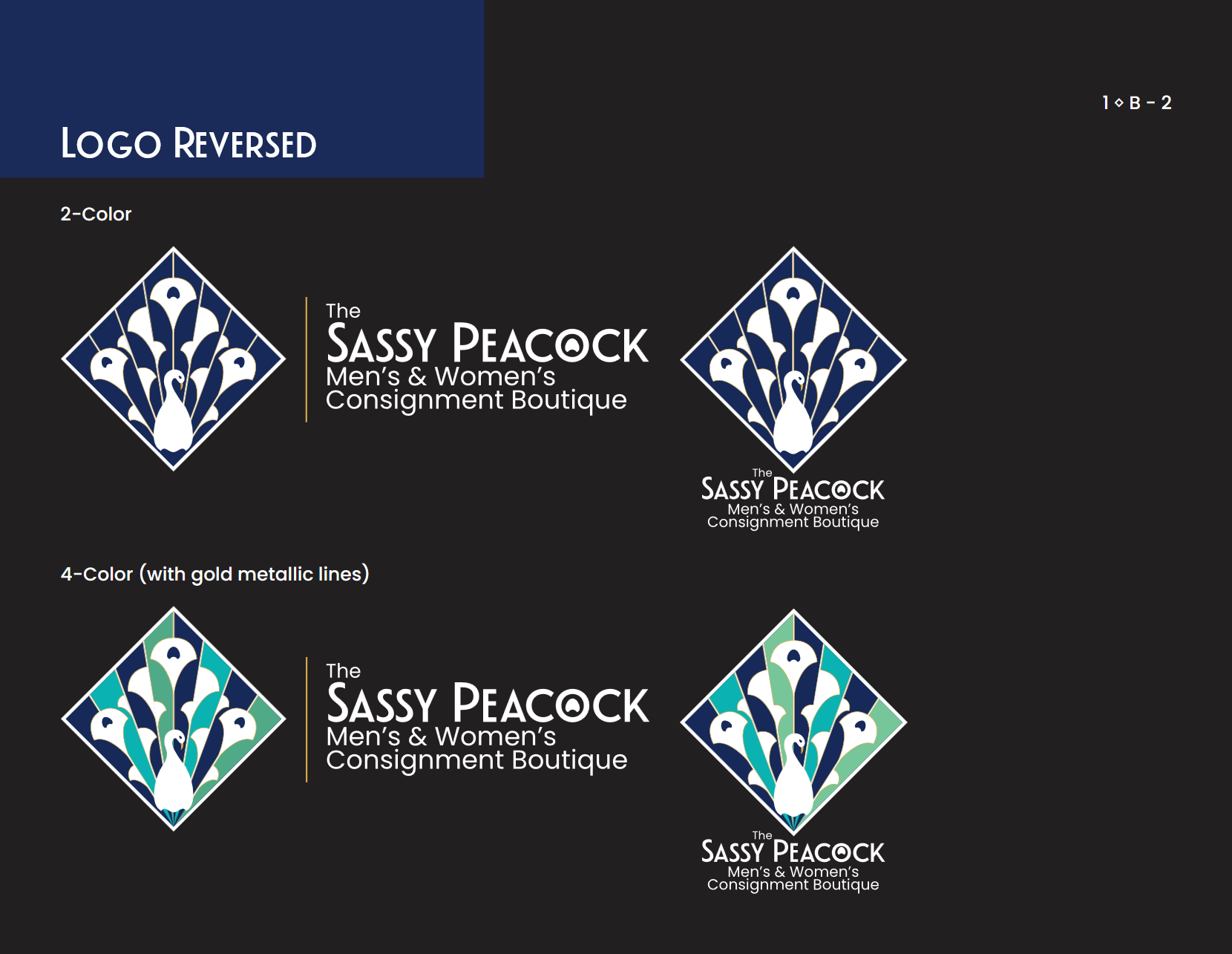 Sassy Peacock Branding Guide logos on dark background 2 color 4 color