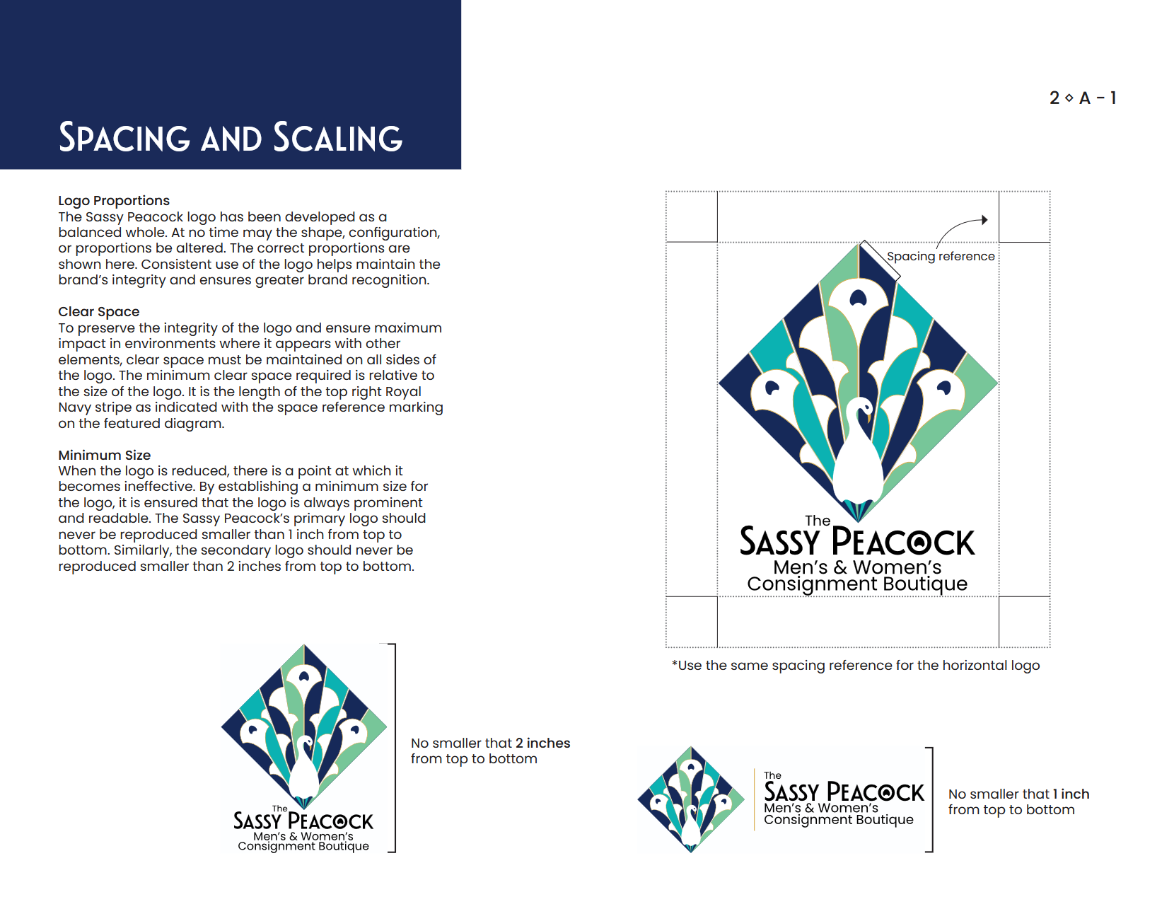 Sassy Peacock Branding Guide logo scaling and spacing