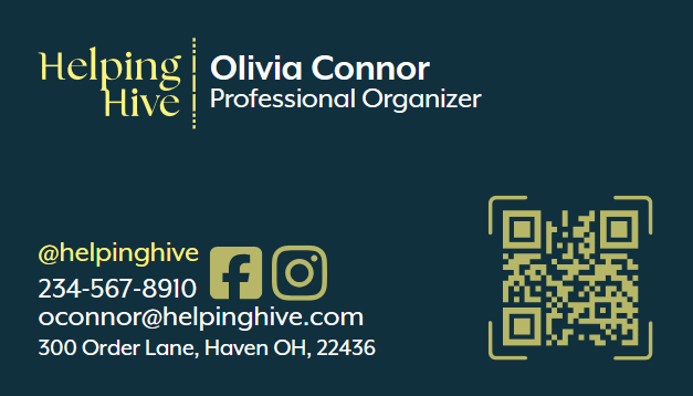 Back of a business card. Information listed with a qr code