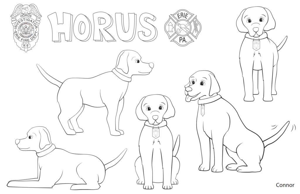 page with cartoon drawings of Horus the Erie Fire Department's Dog